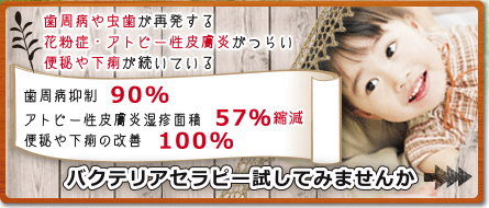 バクテリアセラピー試してみませんか 歯周病や虫歯が再発する→歯周病抑制90% 　花粉症・アトピー性皮膚炎がつらい→アトピー性皮膚炎湿疹面積57％減縮　便秘や下痢が続いている→便秘や下痢の改善100％